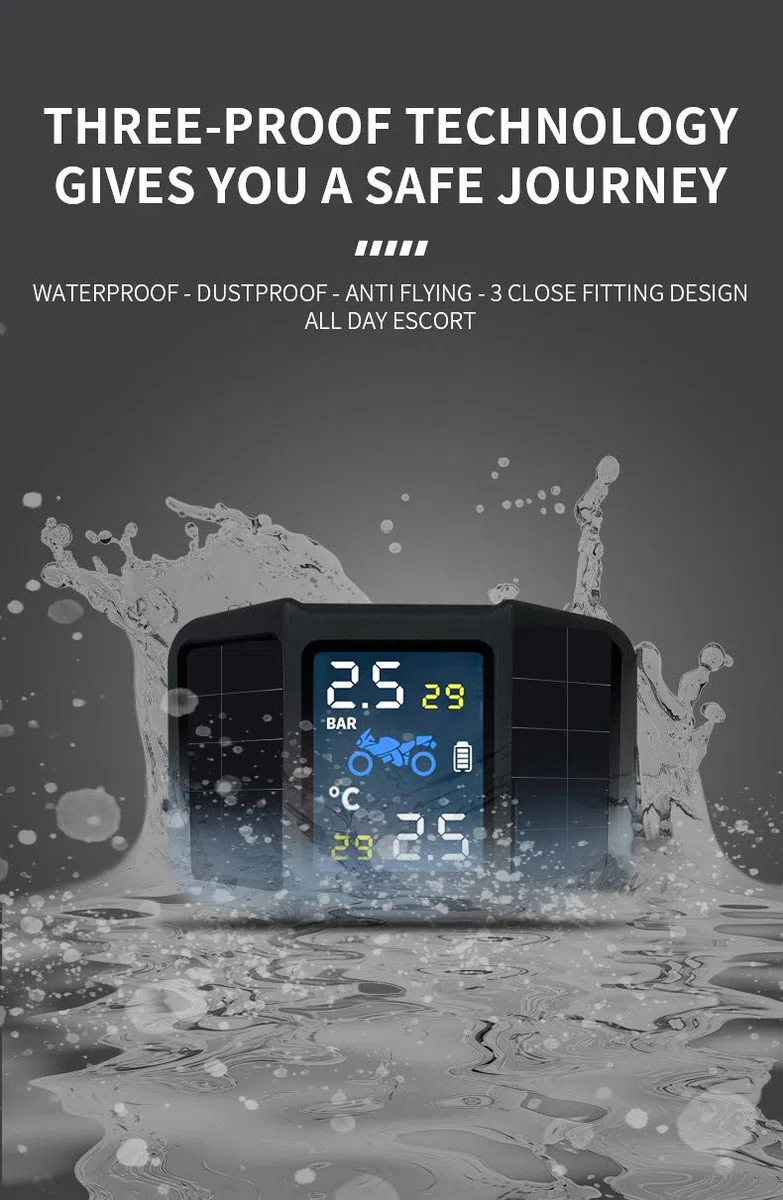 OBEST TPMS Monitor de Presión de Neumáticos de Motocicleta, Solar InaláMbrico Sistema de Control de Presin Moto, Impermeable TPMS con 2 Sensores Externos, Tiempo Real Monitor Presión y Temperatura