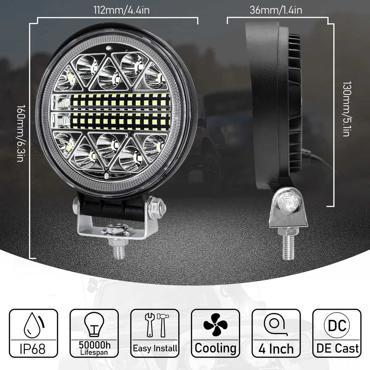 Dinfu Redonda Offroad Flood lumière de 4 "102W Techo de conducción todoterreno con trabajo luz antiniebla para Jeep, SUV, camión, cazadores