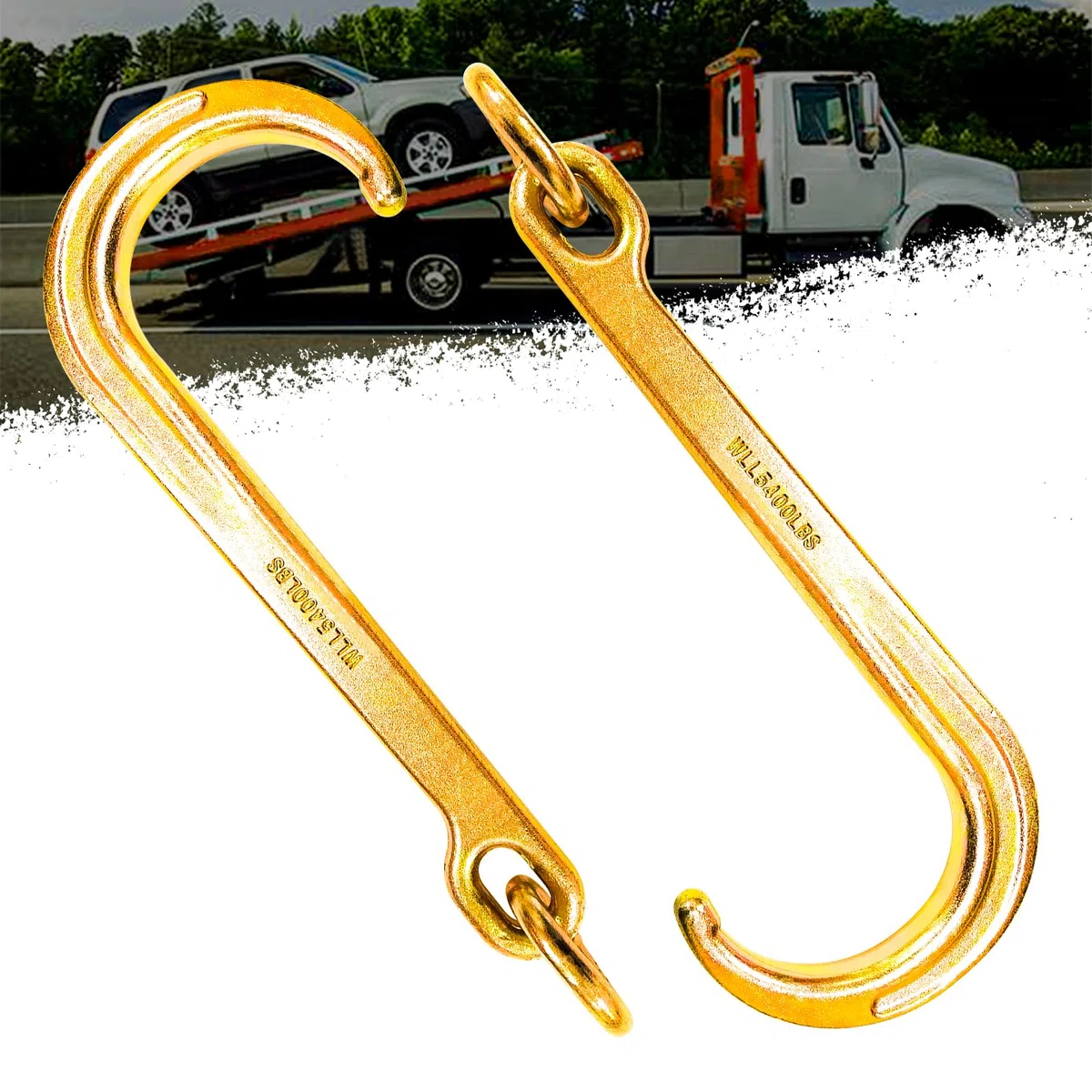 TOYO-INTL - 2 ganchos de remolque en J de 15 pulgadas con enlace, correa de eje de remolque G70 resistente, horquilla trasera enrollable, gancho de remolque J en enlace de acoplamiento para tractor,