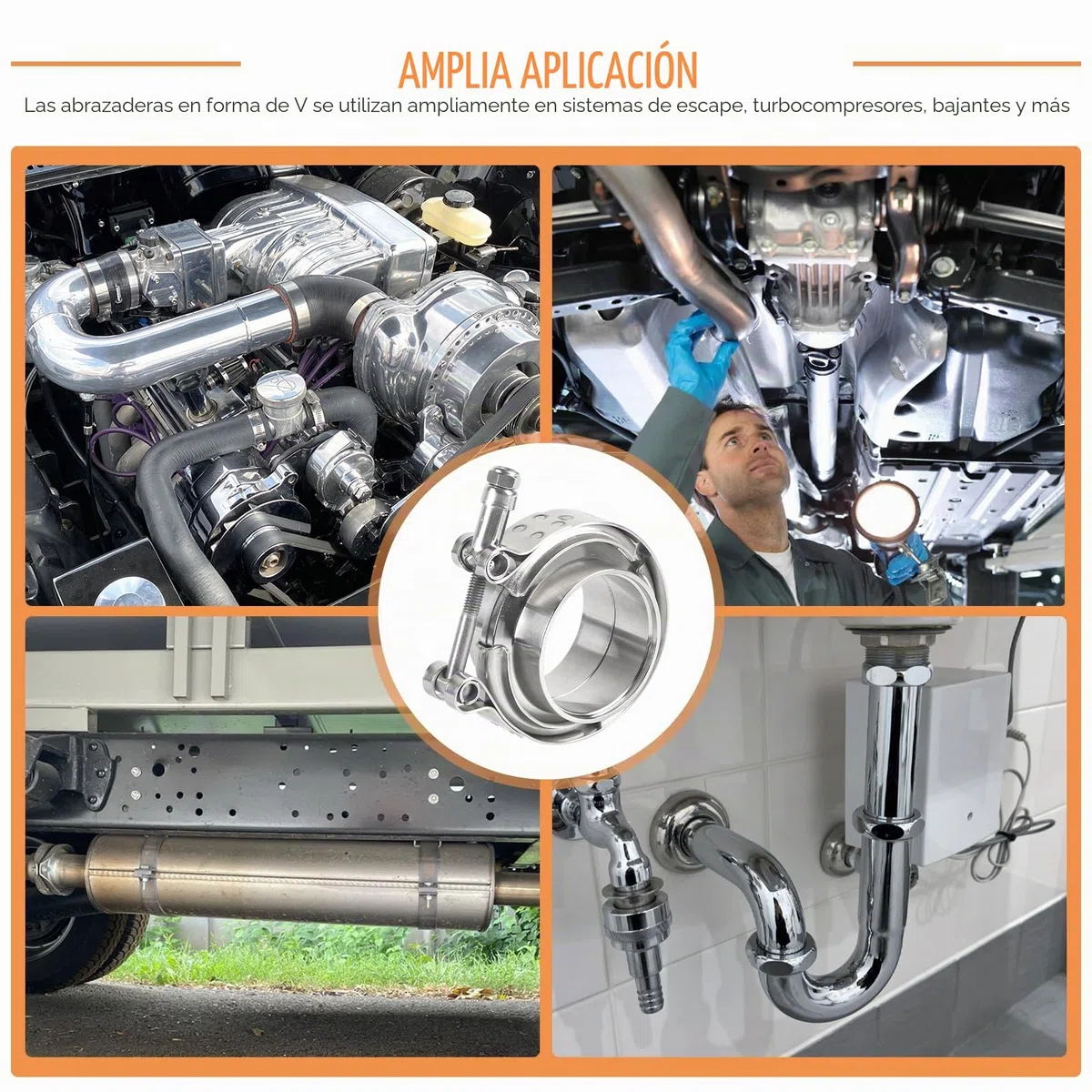 Abrazadera V-Band + Bridas Ø 63,5 mm (2,5 pulgadas) Kit completo en Acero Inoxidable 304 Abrazadera de cierre rápido para escape y turbo con anillos de centrado y abrazadera para tubo de turbo