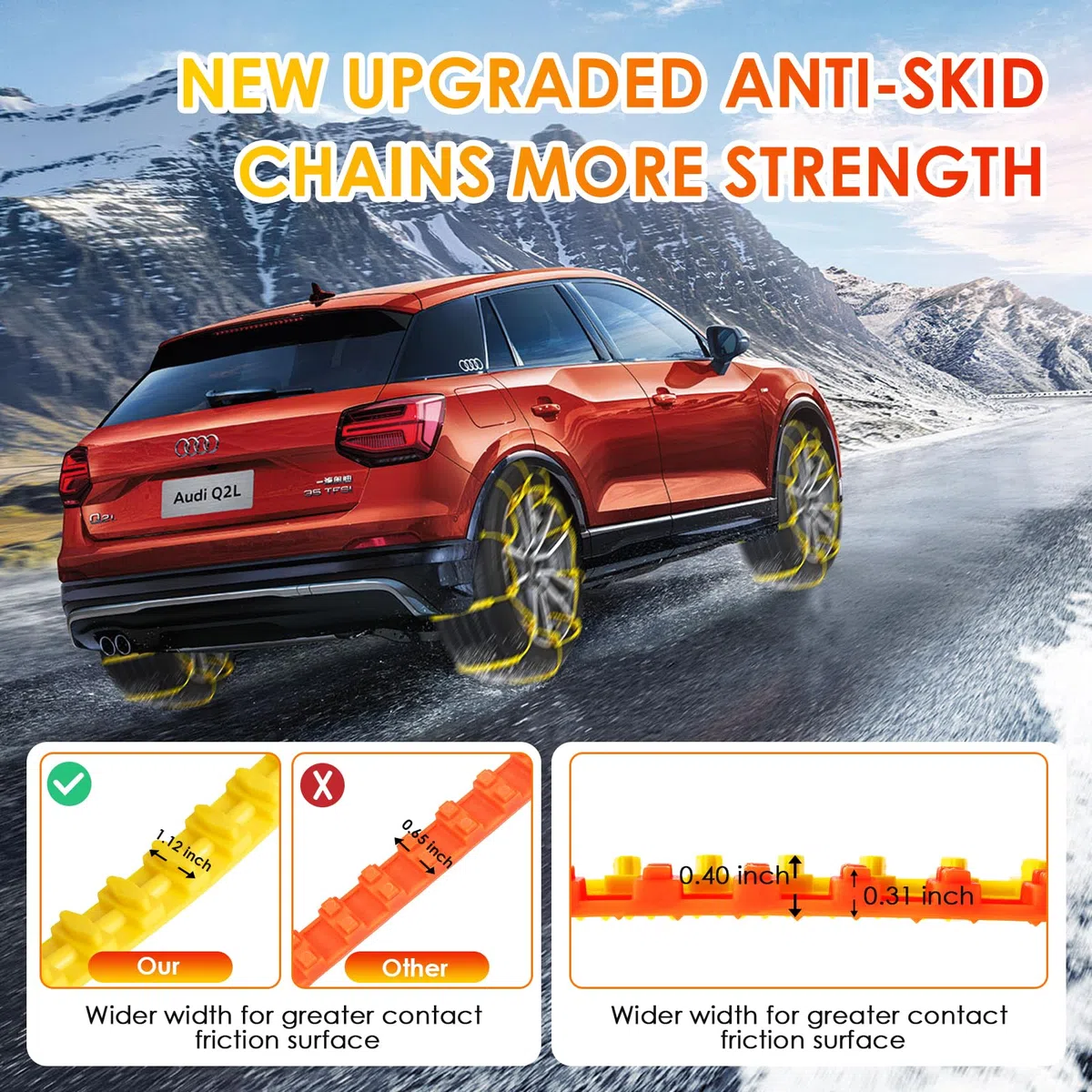 Cadenas de nieve 10 piezas Cadenas ajustables antideslizantes Rueda de neumático para automóvil Camión SUV. Superficie de la carretera, caminos nevados, lodo helado, escalada, ancho 145-295 mm