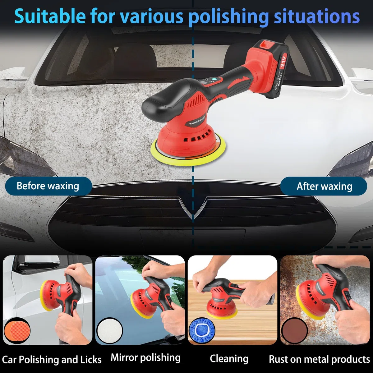 Pulidora Coche Inalámbrica, Pulidora Orbital 6" con 2 Baterías 21V 2.0Ah,Juego de 17 piezas, Pantalla Táctil 8 Velocidades Variables para Eliminación de Arañazos y Detalles del Automóvil.