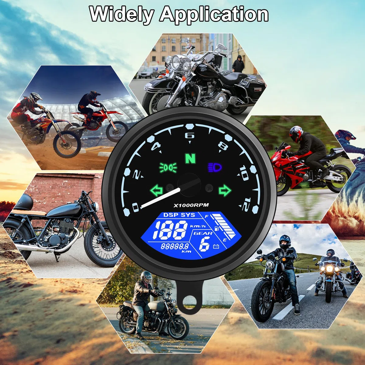Geloo Velocímetro digital para motocicleta, velocímetro digital, tacómetro 12000 RPM 199 KMH MPH universal para cilindros 1,2,4 con luz indicadora multifunción 12 V