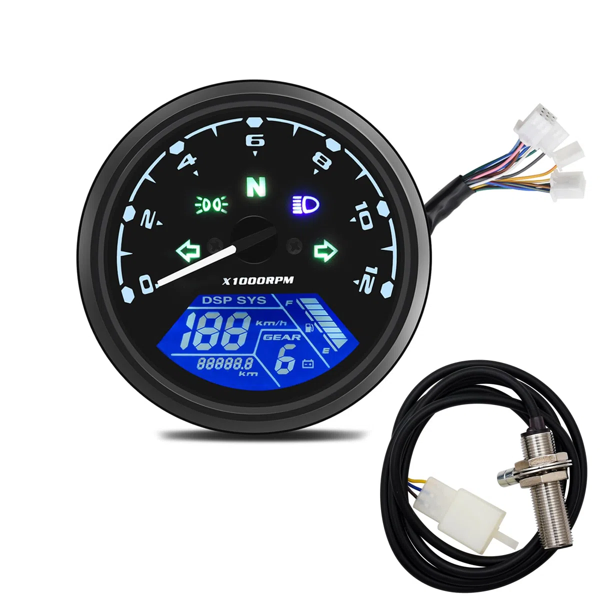 Geloo Velocímetro digital para motocicleta, velocímetro digital, tacómetro 12000 RPM 199 KMH MPH universal para cilindros 1,2,4 con luz indicadora multifunción 12 V