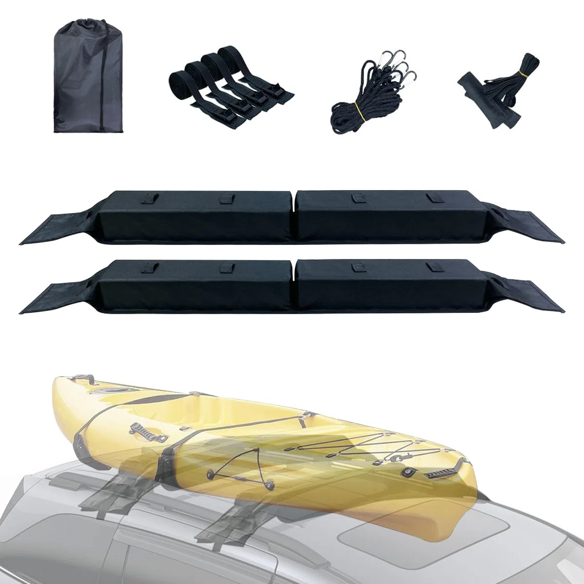 Portaequipajes de techo blandos, portaequipajes universales para coche de tela Oxford 600D y espuma EVA – Portaequipajes de techo para kayak SUP y barras de techo y puntales para tabla de surf, canoa