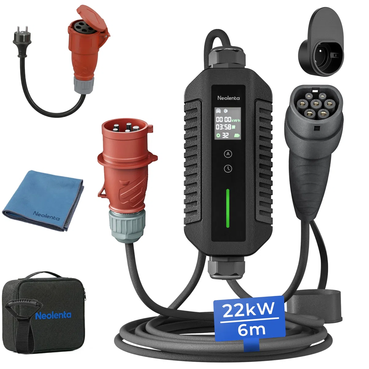 Wallbox Trifásico 22 kW Portátil Tipo 2 6 m, Cargador para Coche Eléctrico con CEE 32A, Corriente Ajustable 6A–32A, RCD Integrado, para Casa y Viajes