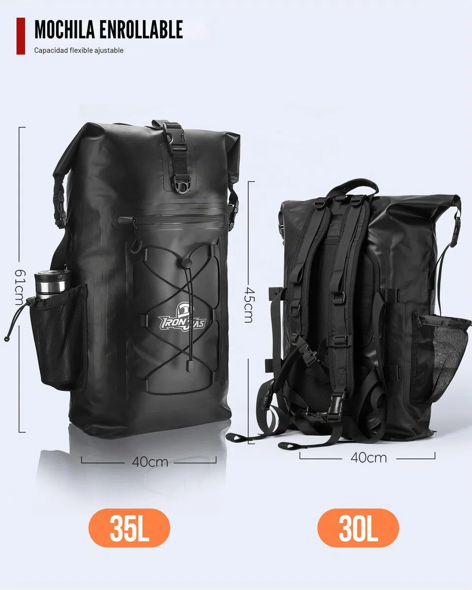 Grapelet Impermeable Mochila Moto 40L también para bicicleta con Cintura Desmontable para los hombros PVC 500D Bolsa Estanca Negra con bolsillos laterales resistente a la lluvia el nieve y el barro