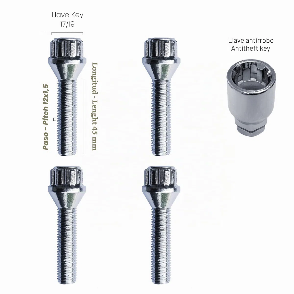 SIMONI RACING BRA/50 - Kit de 4 pernos antirrobo para ruedas, llave 17-19, M12 x 1,5, longitud 45 mm