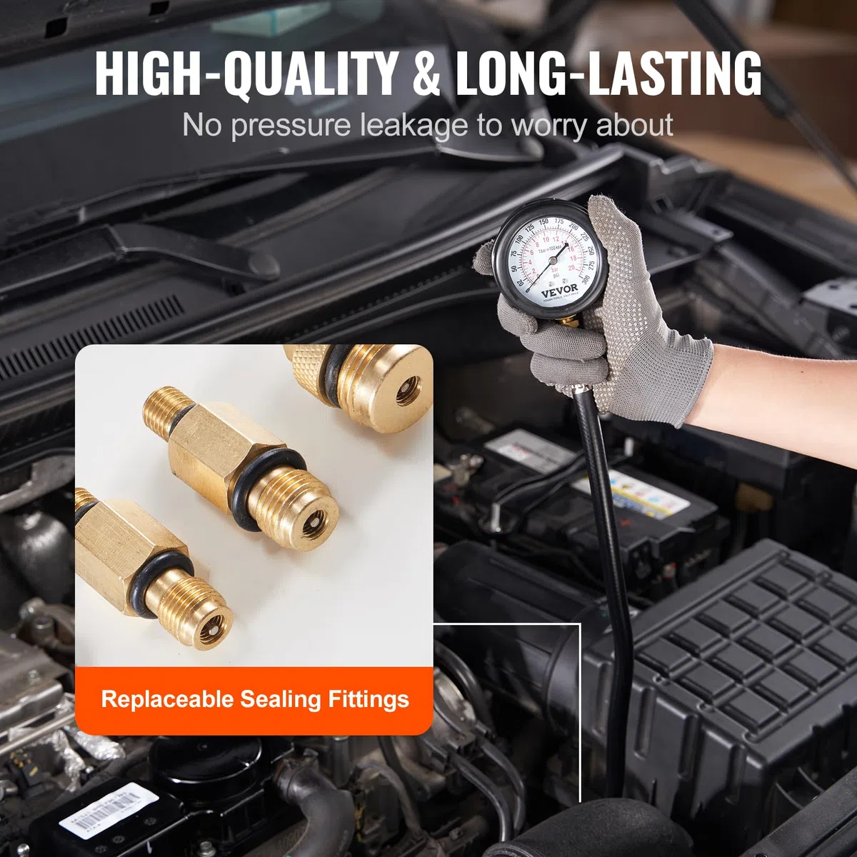 VEVOR Comprobador de Compresión con 9 Kits de Adaptadores Compresiómetro para Motor de Gasolina Medidor de Compresión 0-300 psi Herramienta de Diagnóstico del Cilindro del Motor para Coche Motocicleta