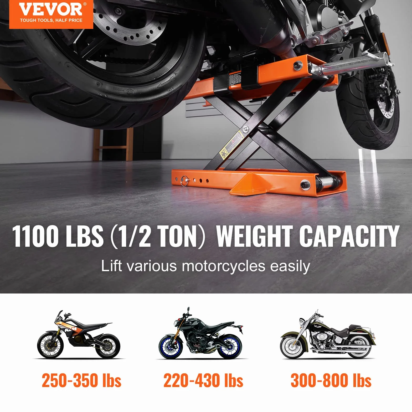 VEVOR Gato de Tijera para Moto Capacidad de 500 kg Elevador de Motocicletas Altura de Elevación 95-400 mm Mesa Elevadora de Moto con Manivela Extraíble para Taller de Mantenimiento de ATV