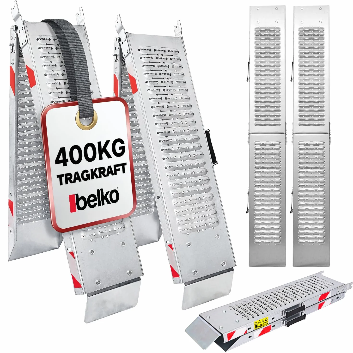 BELKO® 2X Rampa plegable de 400kg de capacidad | 168x23cm | Plegable | Acero galvanizado | Superficie perforada antideslizante | Rampa de carga para coche, moto, quad, ATV, remolque