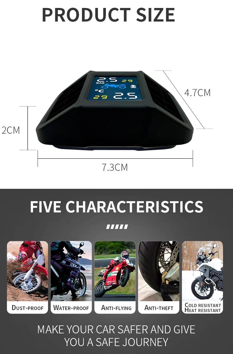OBEST TPMS Monitor de Presión de Neumáticos de Motocicleta, Solar InaláMbrico Sistema de Control de Presin Moto, Impermeable TPMS con 2 Sensores Externos, Tiempo Real Monitor Presión y Temperatura