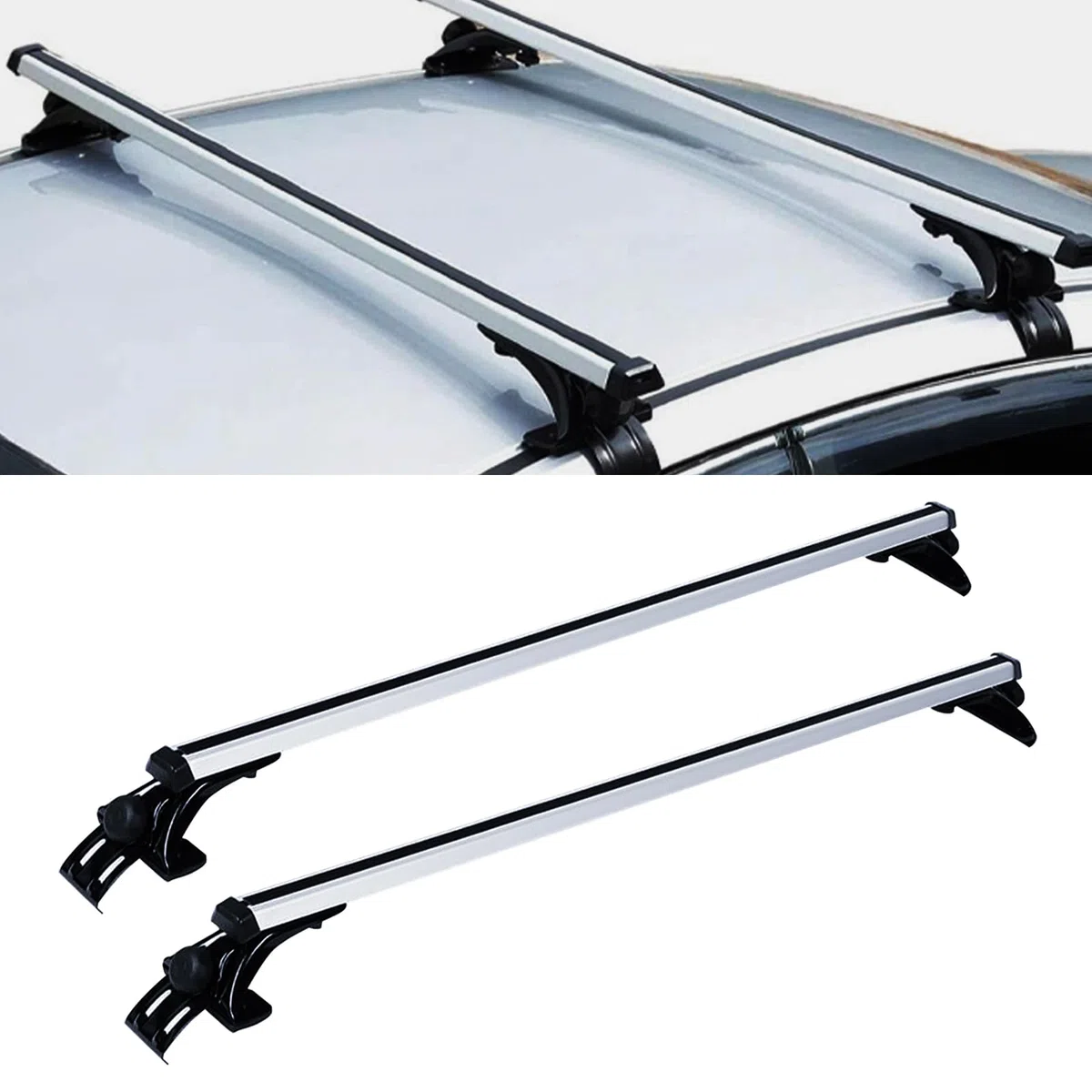 Barras de techo universales para coche, de aluminio, para todos los vehículos con ancho de techo de 122 – 130 cm, hasta 75 kg, longitud de barra 146,5 cm