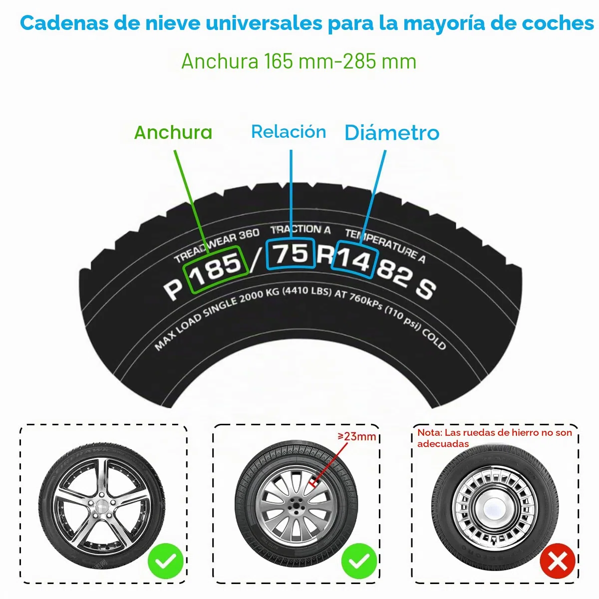 FethFire Cadenas Nieve Universales, 6 Piezas Cadenas Coche Nieve para Coches SUV con Ancho de Neumático 165-285 mm