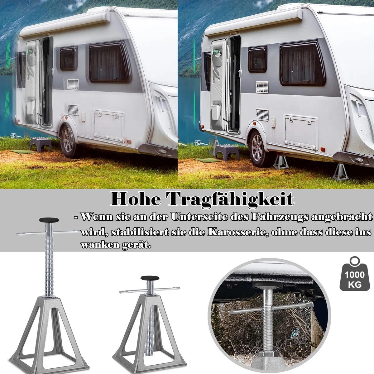 Aufun tréteaux, tréteaux pour caravanes et remorques, Accessoires pour caravanes, Accessoires pour Camping-Cars, jusqu'à 1000 Kg de Charge, réglable en hauteu (Lot de 4)