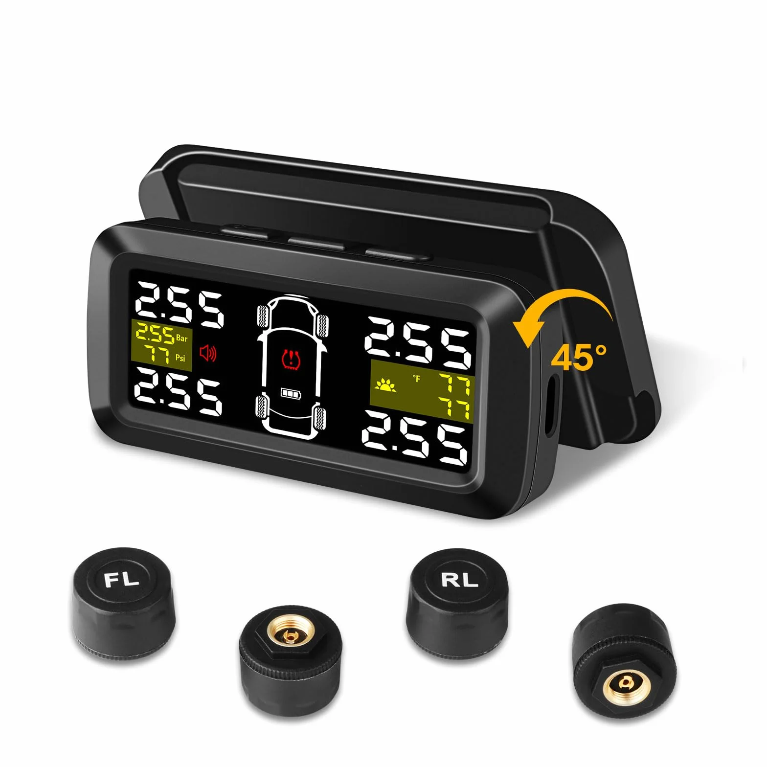TPMS Sistema de Monitoreo de Presión de Neumáticos【2/4-Ruedas Modos】0.01Bar Alta precisión Carga solar TPMS 3.5 Pulgadas Soporte Desmontable con 4 Sensor Presion Neumaticos para Coche SUV 5-87Psi