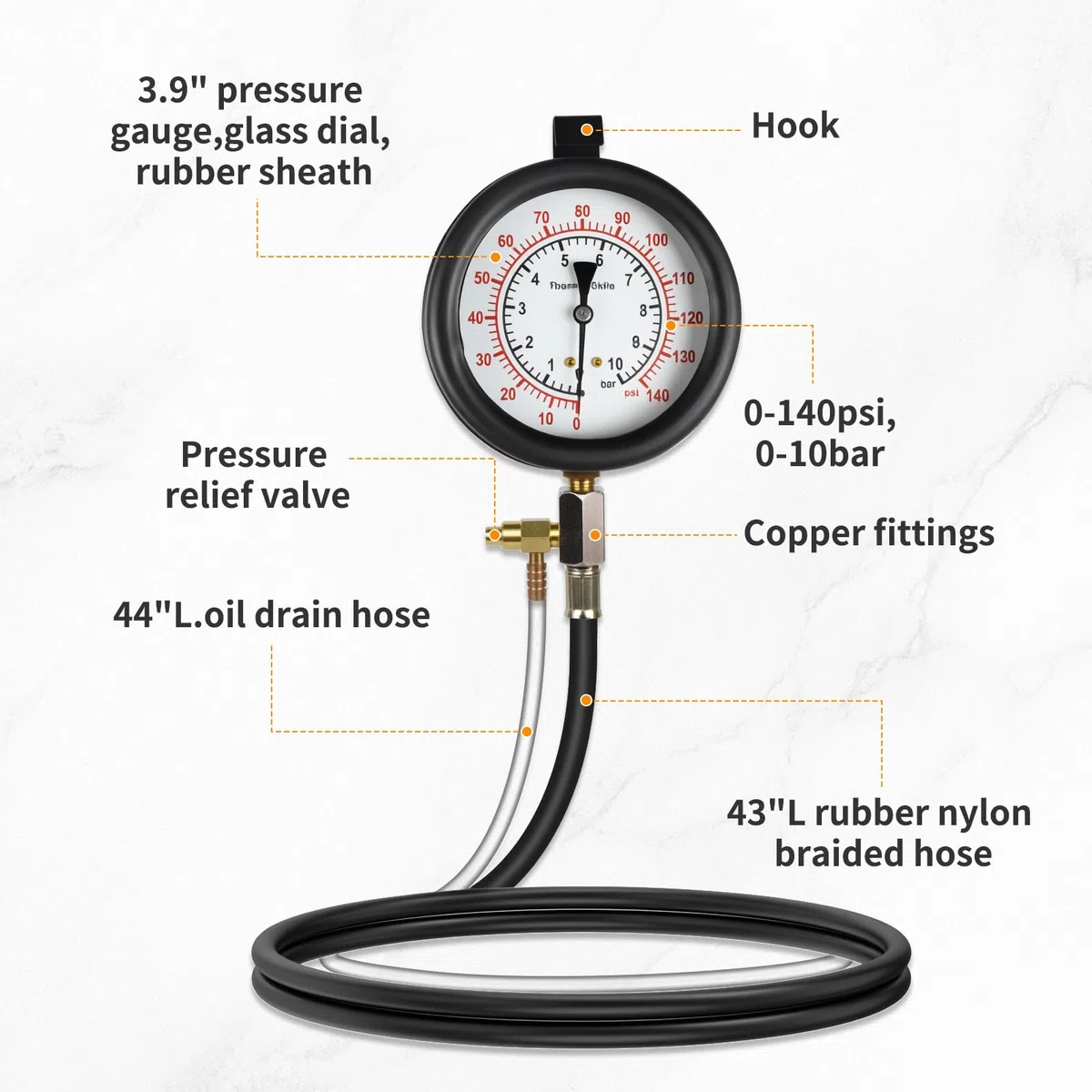 BELEY TU-443 Kit de Medidor de Presión de Inyección de Combustible del Motor, Presión Sistema de Inyección con Adaptador y 0-140PSI / 0-10Bar Gauge