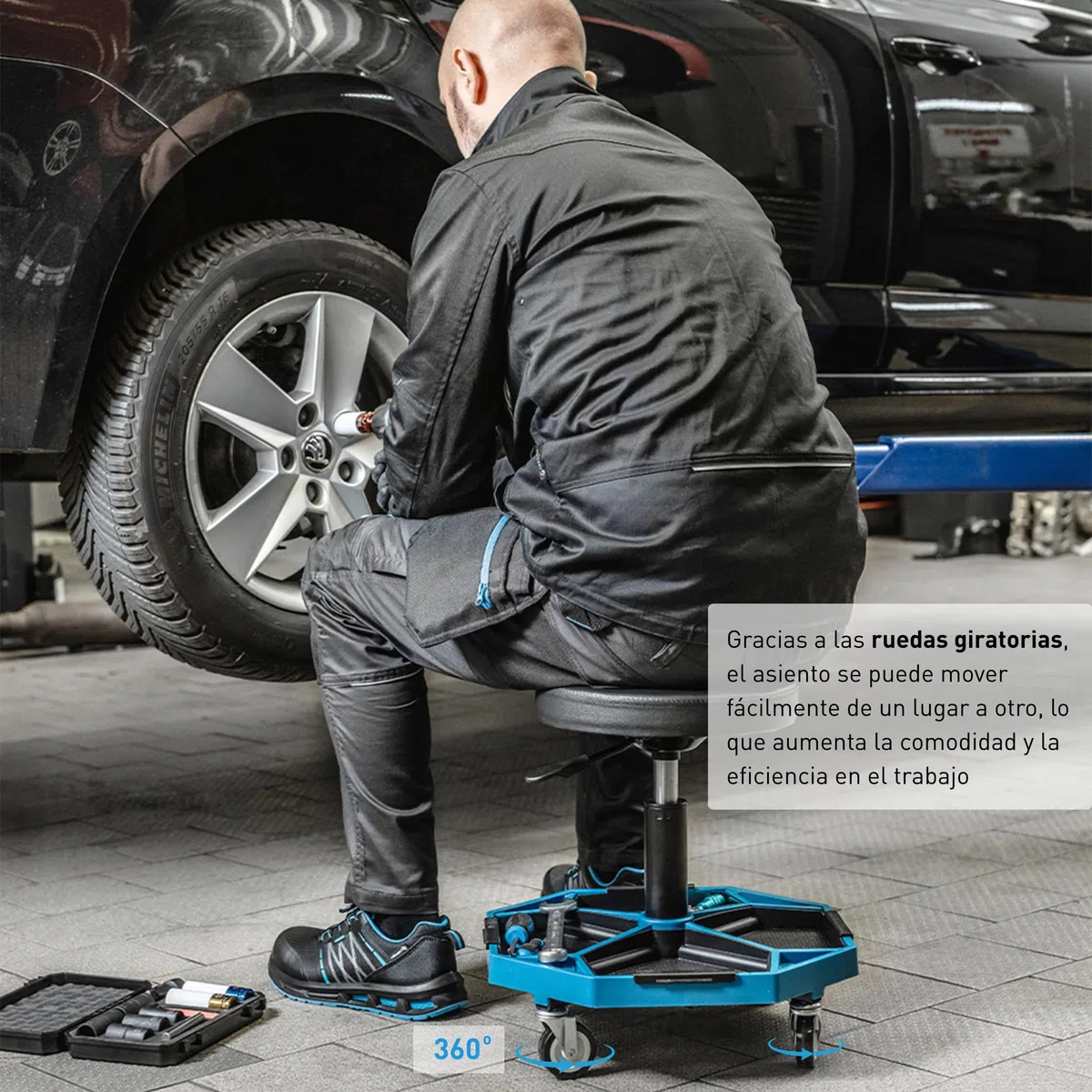 Högert Technik - Taburete de Taller Ajustable | Asiento telescópico de Taller | Altura Regulable | Construcción Robusta | Carga máxima: 140 kg | Taburete con Ruedas para el Taller