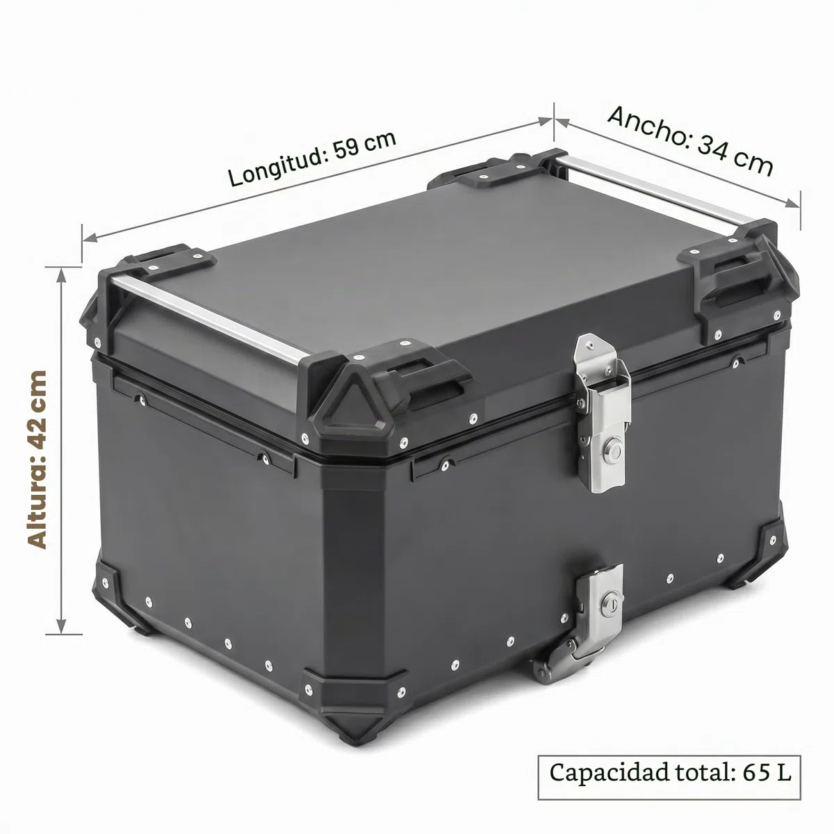Top Case Moto 65L de Aleación de Aluminio - Baúl trasero universal impermeable para moto y scooter - Maleta de almacenamiento de gran capacidad (2 cascos) Forro interior Premium Cerradura de
