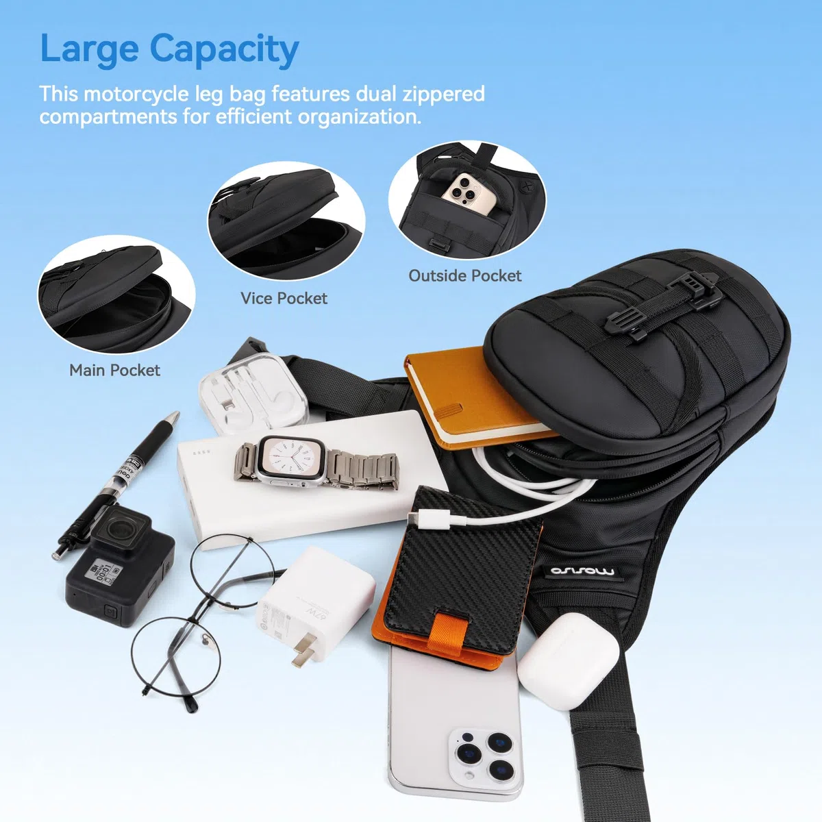MOSISO Bolsa Muslo Bolsa Pierna Moto para Hombre y Mujer, Universal Expandible y Multifuncional Bolsas Almacenamiento Bolsas Táctica Pierna Resistente Agua para Deportes al Aire Libre Ciclismo,Negro