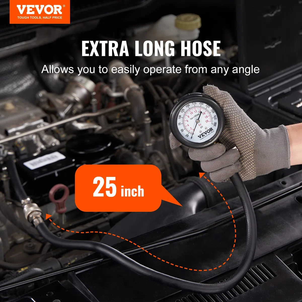VEVOR Comprobador de Compresión con 9 Kits de Adaptadores Compresiómetro para Motor de Gasolina Medidor de Compresión 0-300 psi Herramienta de Diagnóstico del Cilindro del Motor para Coche Motocicleta
