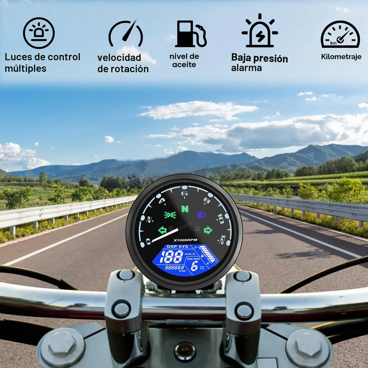 Geloo Velocímetro digital para motocicleta, velocímetro digital, tacómetro 12000 RPM 199 KMH MPH universal para cilindros 1,2,4 con luz indicadora multifunción 12 V