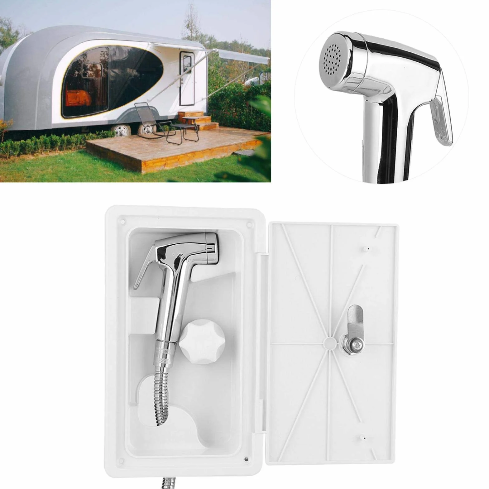 Ducha externa superior para caravana, caja de ducha exterior, interruptor de frío y calor con kit de 2 llaves para caravana, caravana, barco marino