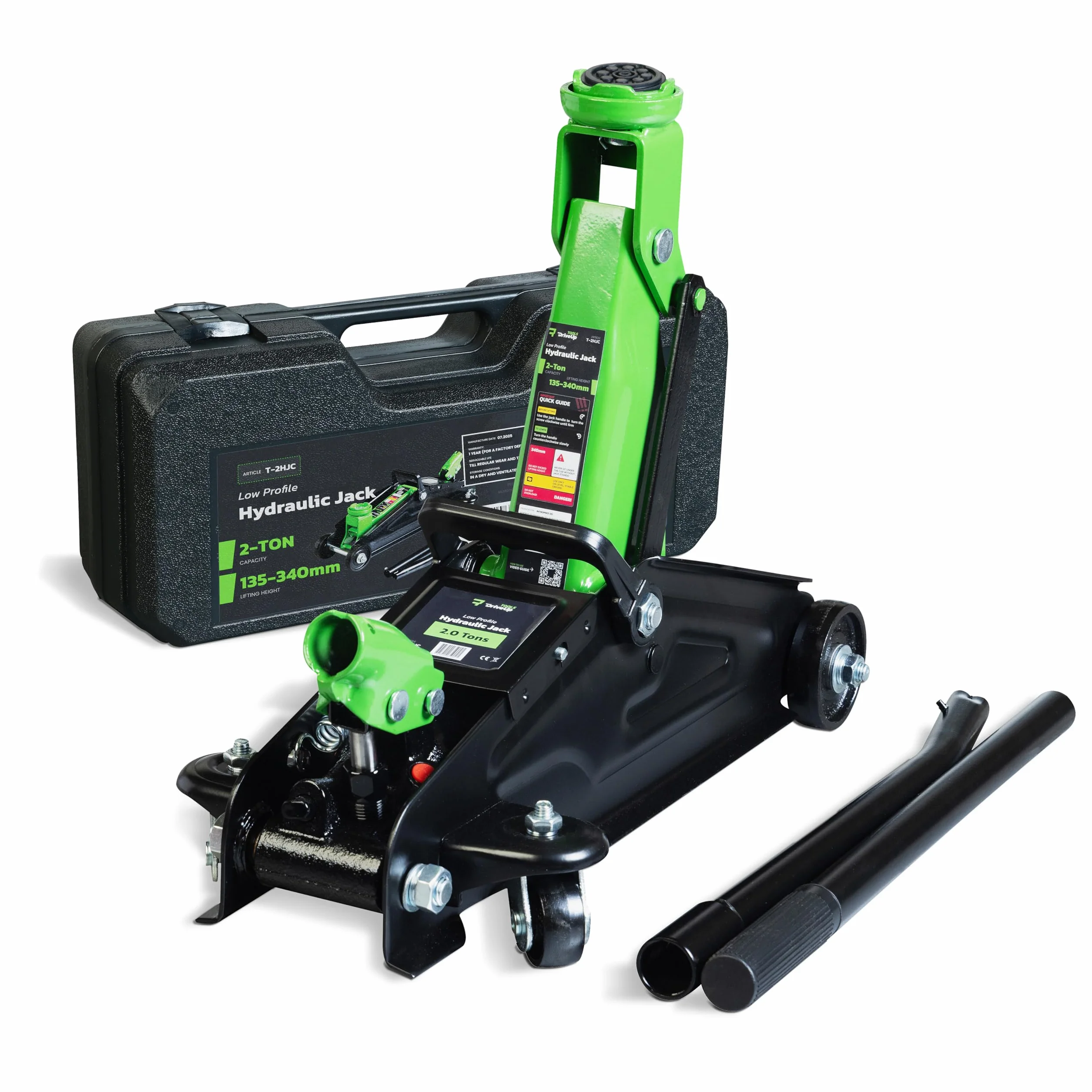 Cric hidráulico de 2 toneladas DRIVEUPTOOLS con maleta de transporte – Altura de elevación 13,5–34 cm – Compacto y robusto para coches y SUV – Herramienta confiable de 2000 kg para garaje y taller