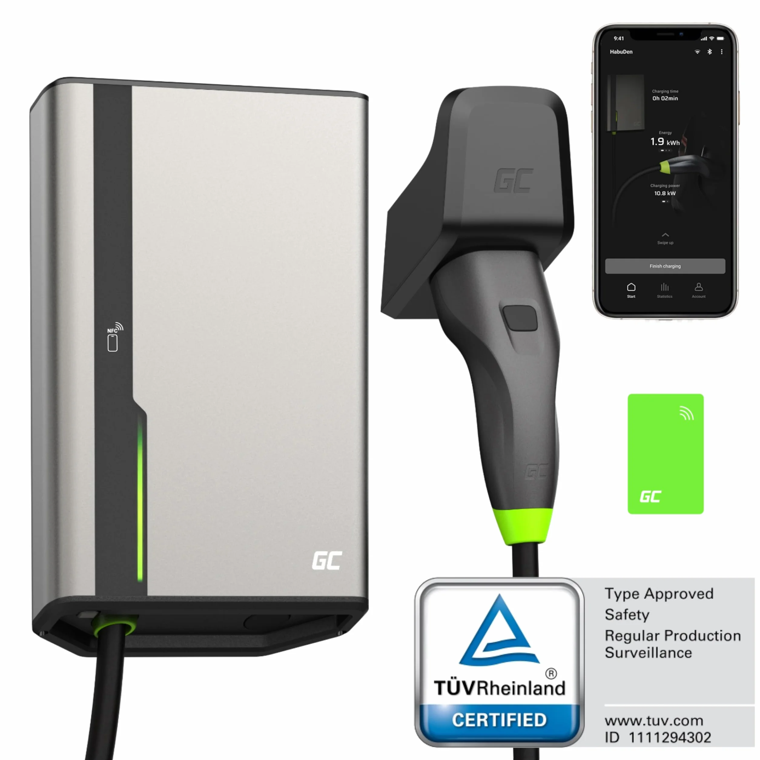 Green Cell GC HabuDen Wallbox 22kW 32A 5m NFC RFID Tipo 2 Cable EV Estación de Carga para Vehículos Eléctricos con GC App Bluetooth WiFi Carga de Coche con 22kW / 11kW / 7,2kW / 3,6kW