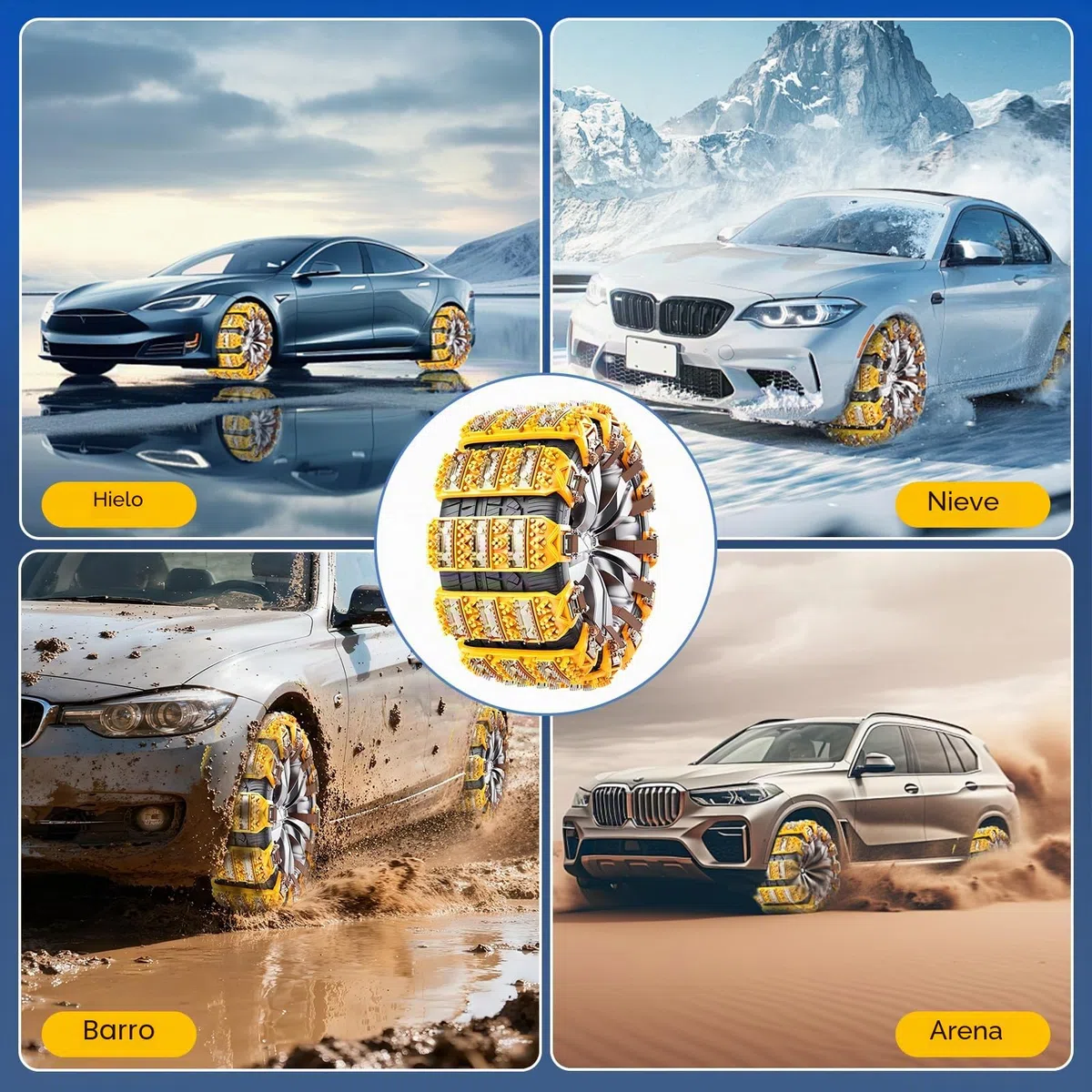 Cadenas de nieve 8 piezas antideslizantes y ajustables para neumáticos de 165-255 mm - Fácil de instalar, con púas, para coche, SUV, camión (Amarillo)