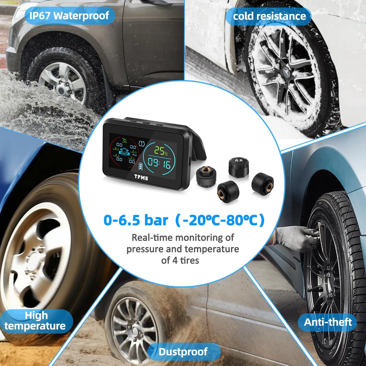 TPMS(0-6.5Bar) Sistema Monitoreo De PresióN De NeumáTicos Carga Solar USB, 4 Sensor Presion Neumaticos 5 Modos De Alarma Monitorización（Temperatura y presión etc.）para Coche SUV Furgoneta
