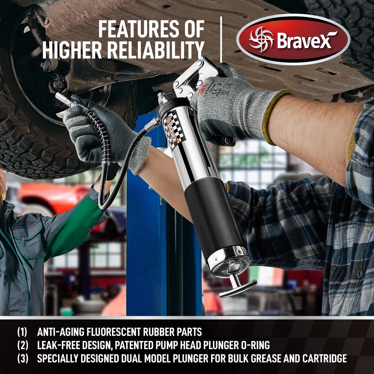Bravex Pistola de grasa profesional resistente de 6000 PSI – Manguera flexible de 18 pulgadas