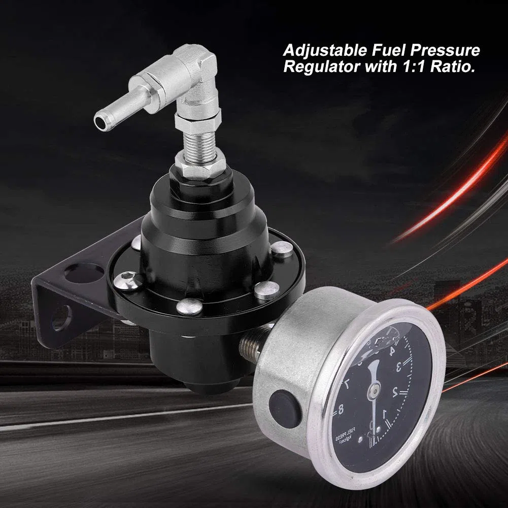 Regulador de presión de combustible ,9 . 5cm 160psi Universal alto rendimiento aluminio Regulador de presión de combustible ajustable 1 :1 Kit de medidor de aceite Para Coche(Negro)