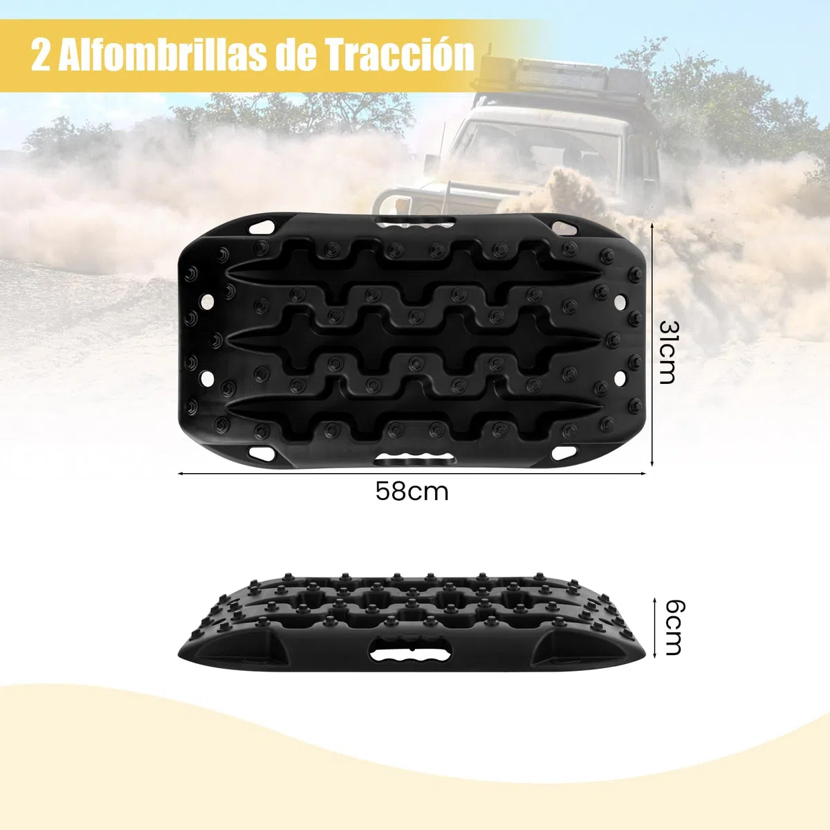 GOPLUS Tablas de Recuperación Todoterreno, Juego de 2 Alfombrillas de Tracción, Extracción de Vehículos de Arena, Barro, Nieve, Carga 10T (Negro, 58 x 31 x 6 cm)
