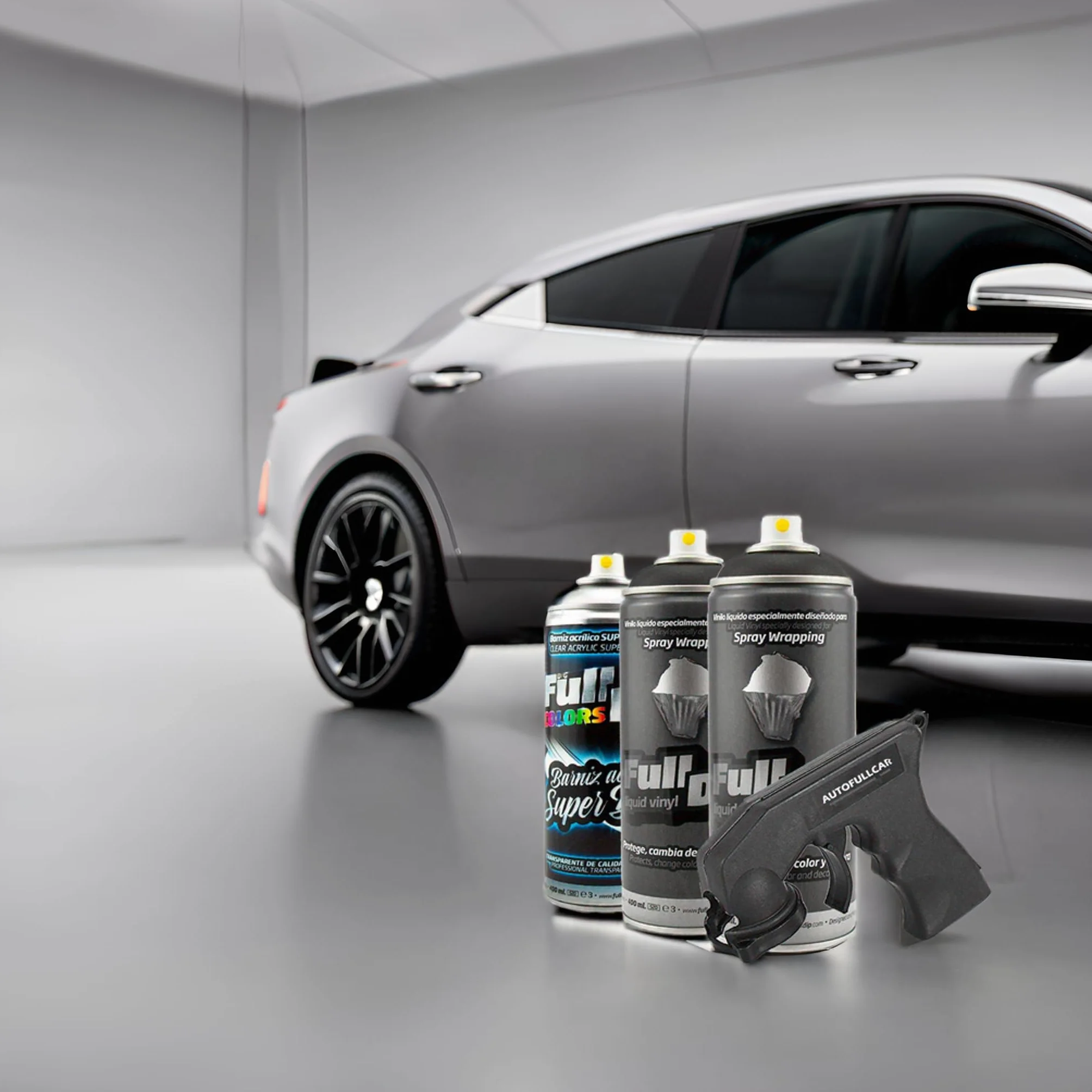 AutoFullCar - Pack 3 Sprays Full Dip Negro Brillo - 2 Sprays Negro + 1 Barniz Acabado Brillo De Acabado Resistente - 400 Ml. Unidad - wrapp