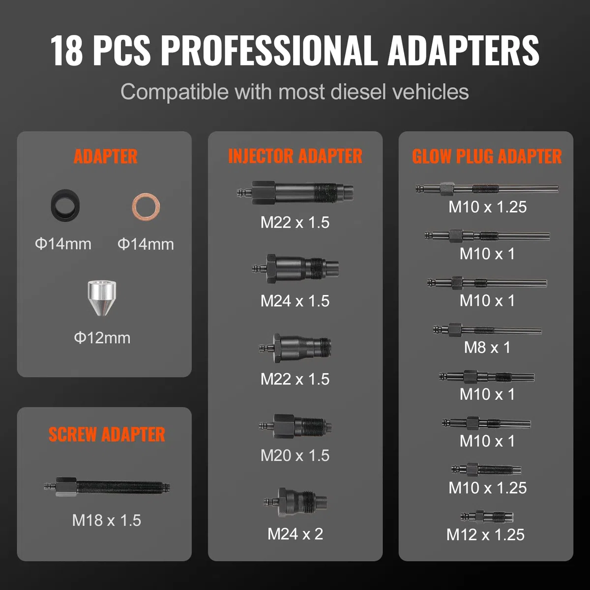 VEVOR Comprobador de Compresión 18 Kits de Adaptadores Compresiómetro para Motor Diésel Medidor de Compresión 0-70 bar/0-1000 PSI Herramienta de Diagnóstico de Cilindro de Motor Taller de Motocicleta