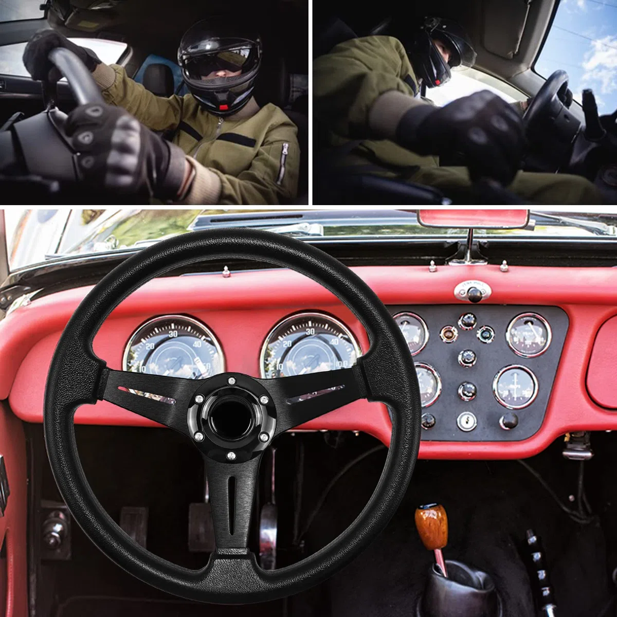 volante de carreras en general, el juego de volante 13,6 "6 Perno mango de cuero de vinilo, con botón de bocina, para Racing/rally/carreras/simulación de conducción (Black)