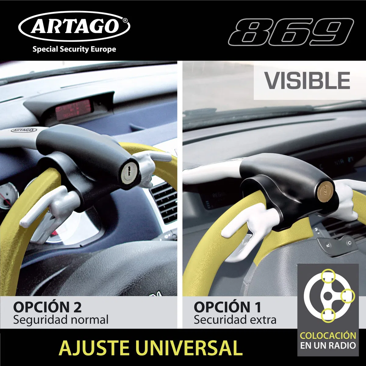 ARTAGO 869 Antirrobo Coche Alta Gama, Bloqueo Volante Más Seguro Alrededor del Radio, Cierre Alta Seguridad Press & Click Más Práctico, Cepo Barra Universal para Auto SUV Camper Autocaravana