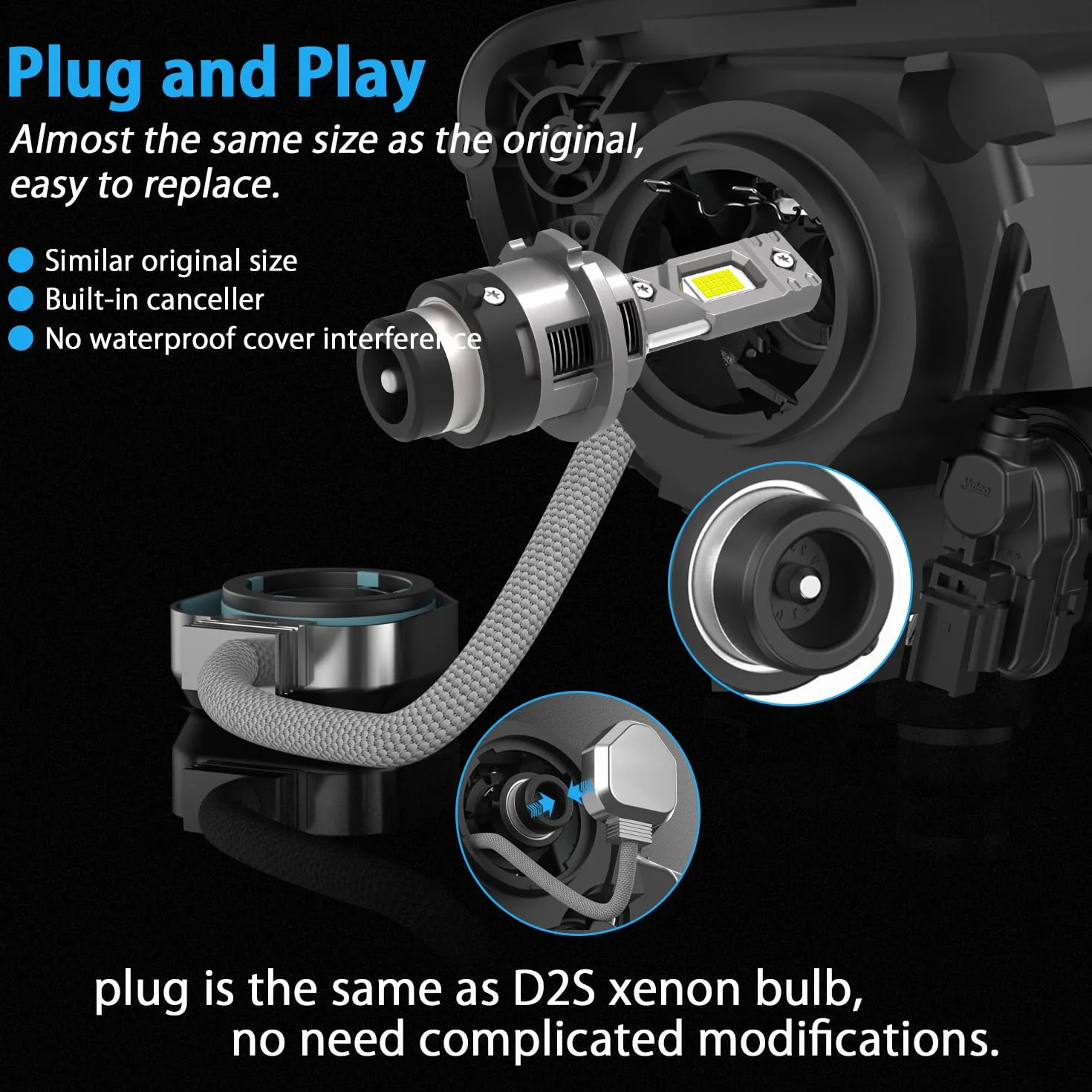 WinPower D2S LED Bombilla Faros 35W 6340LM 6000K Blanco Frío Luz Carretera Cruce Xenon HID Kit de conversión, 2 Piezas