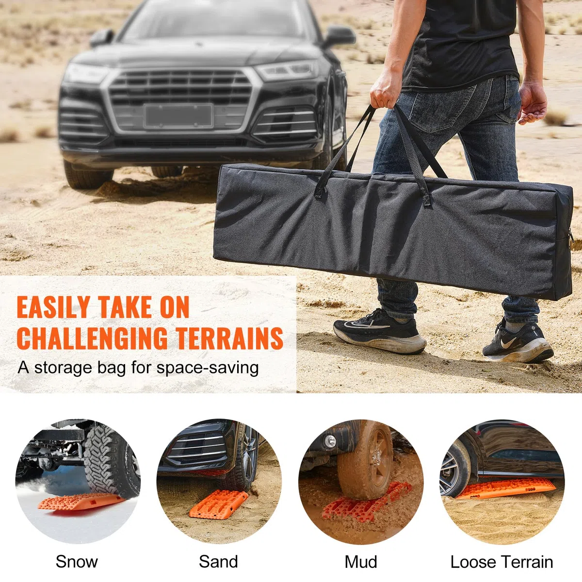 VEVOR Placa de Aterrizaje de PP 10 T Estera de Tracción para Todoterreno/Coche/Pick-up/SUV/RV Tabla de Recuperación de Arena y Lodo de Nieve Bolsa de Almacenamiento, Larga, Naranja, 2 Piezas