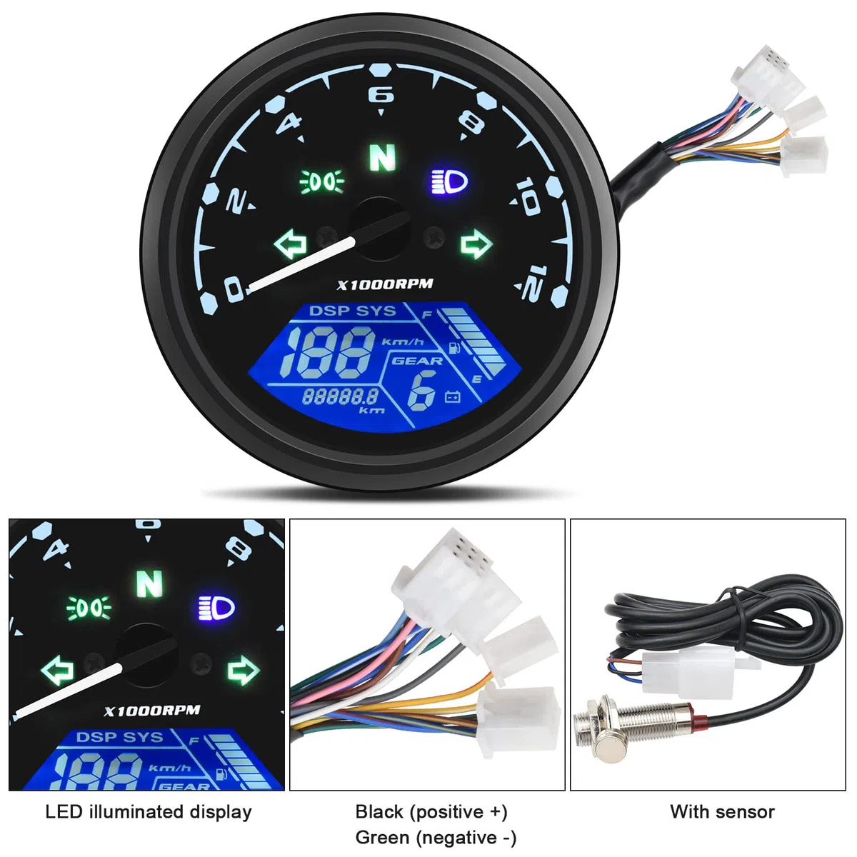 Geloo Velocímetro digital para motocicleta, velocímetro digital, tacómetro 12000 RPM 199 KMH MPH universal para cilindros 1,2,4 con luz indicadora multifunción 12 V