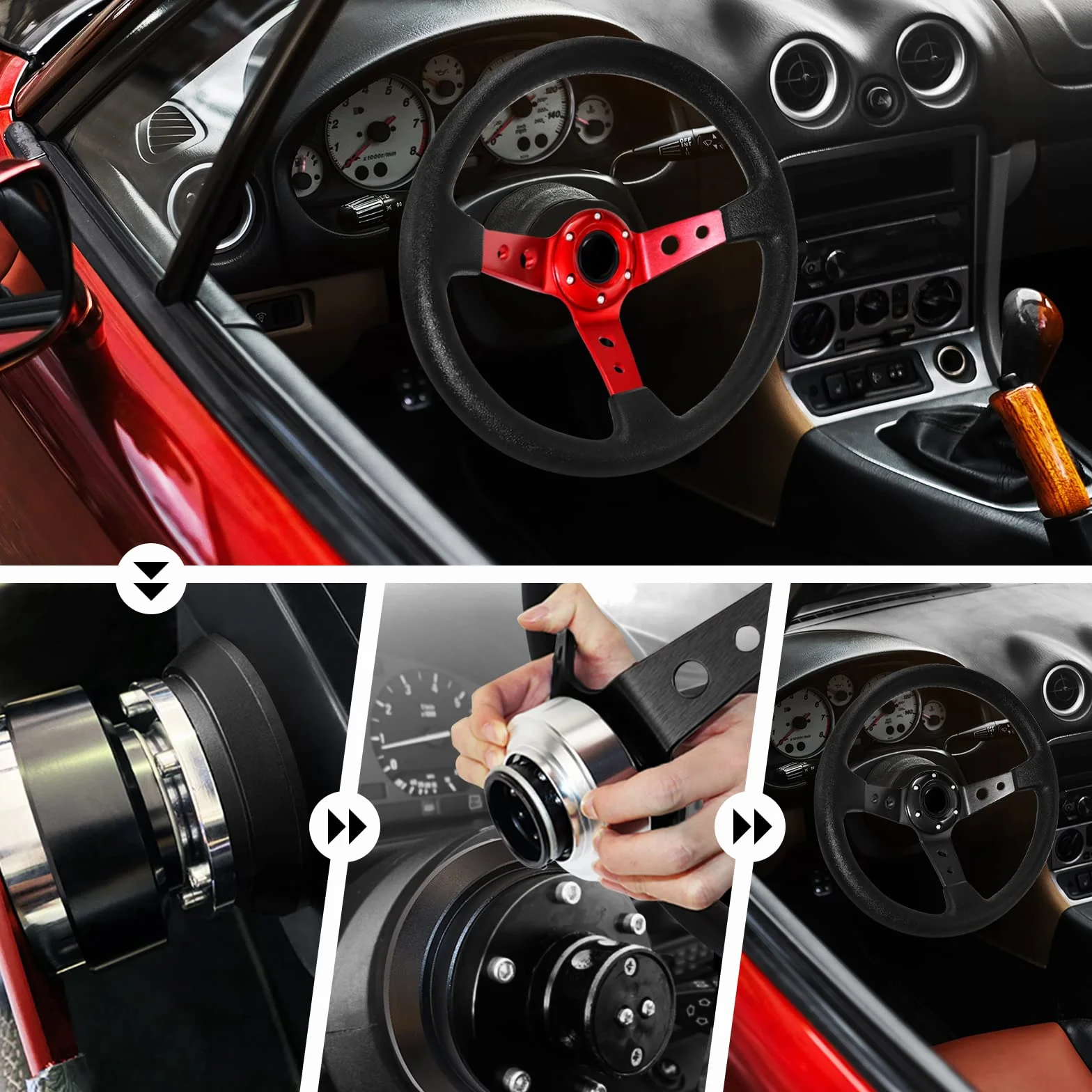 Volante de liberación rápida, kit universal de 6 agujeros Snap Off Boss para carreras/rally/deportes de motor (negro)