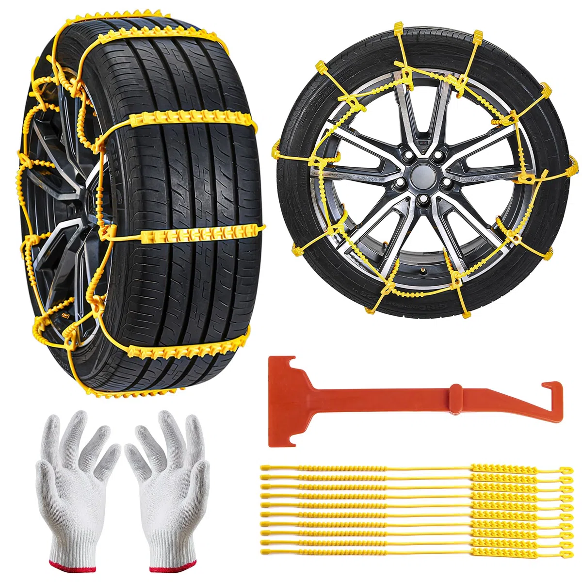 Cadenas de Nieve para Coche 10 PCS Nuevo diseño 2024 Fabricadas con Nylon Mayor Tracción con 11 puntos Antideslizantes Instalación Sencilla sin Herramientas 165mm-265mm