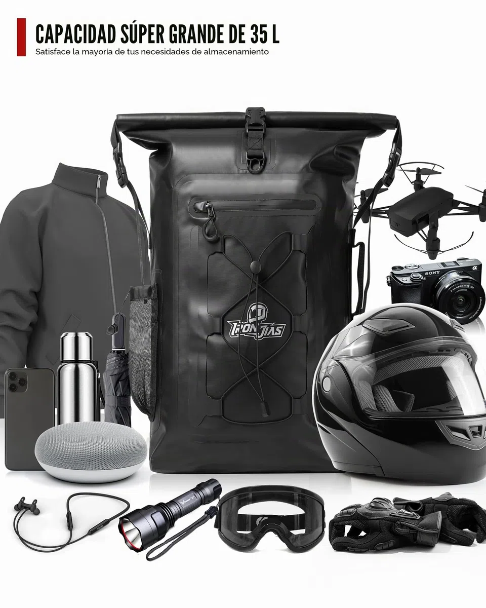 Grapelet Impermeable Mochila Moto 40L también para bicicleta con Cintura Desmontable para los hombros PVC 500D Bolsa Estanca Negra con bolsillos laterales resistente a la lluvia el nieve y el barro