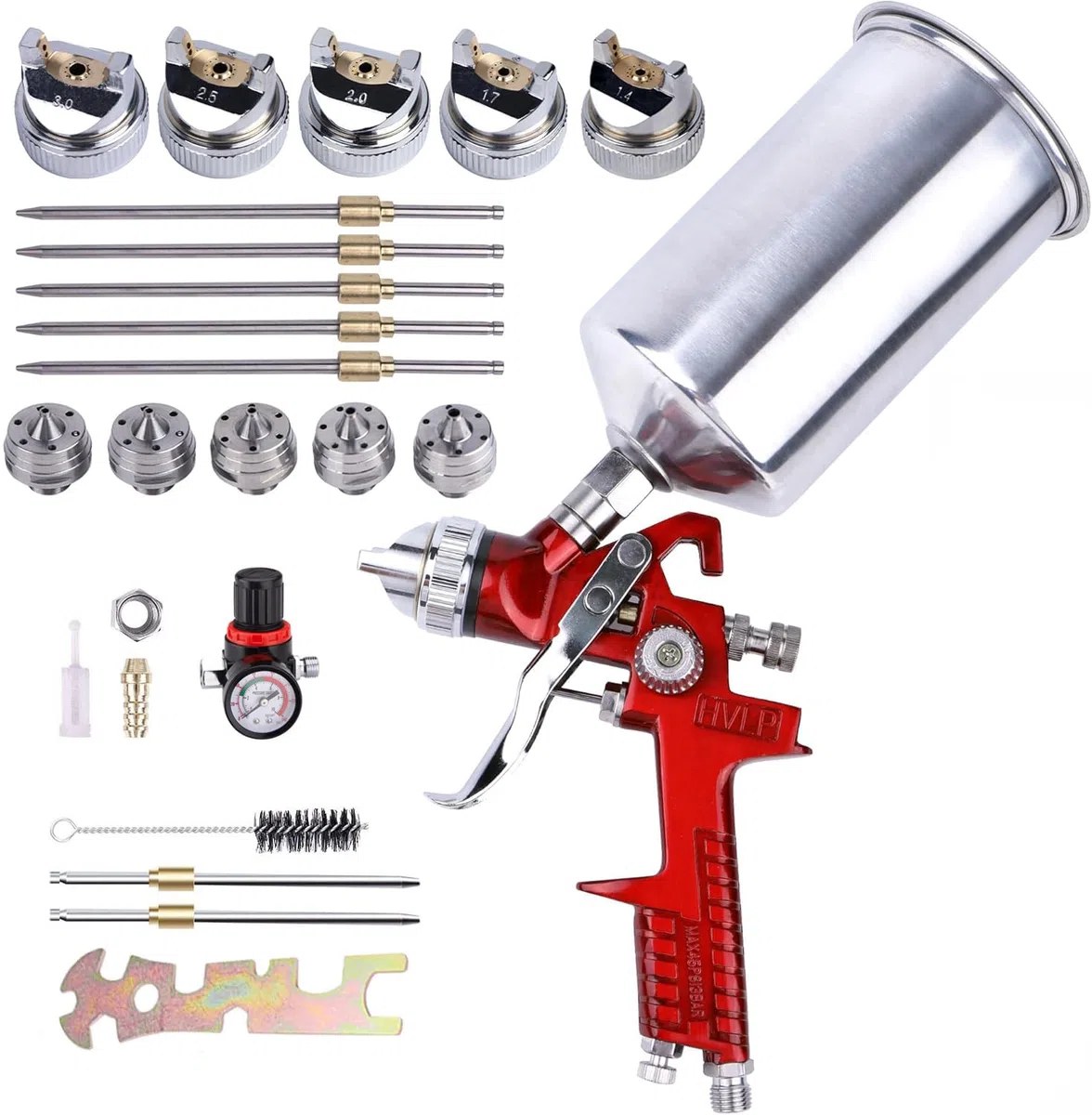 Pistola de Pintura HVLP con 5 boquillas, 1,4mm 1,7mm 2,0mm 2,5mm y 3,0mm, 1000cc Taza de Aluminio, para Auto Paint, Pintura de Coches