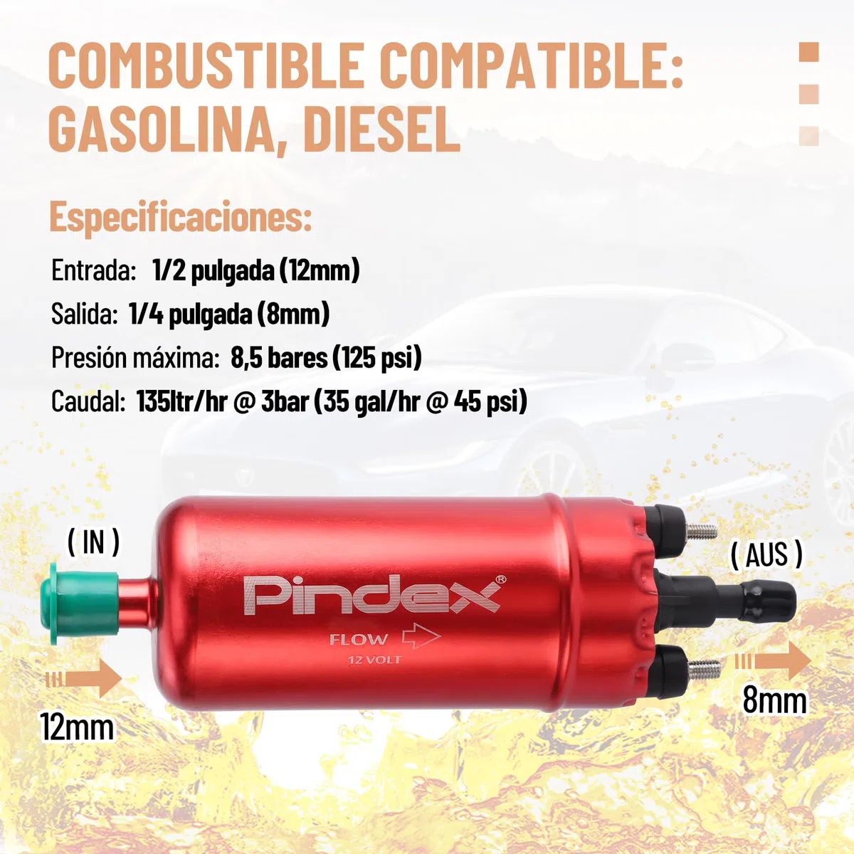 Pindex Bomba de combustible eléctrica de 12 V 0580464070, bomba de combustible de inyección en línea de alta presión 8.5 bar con soporte a prueba de golpes para Alfa Romeo, Fiat, Jaguar, LANCIA, MG