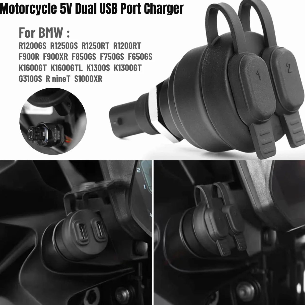 Cargador USB de 5 V para motocicleta con adaptador de doble puerto para BMW R1200GS, R1250GS, R1250RT, R1200RT, R NineT, K1600GT, K1600GTL, K1300S, K1300GT, G310GS, F900R, F900XR, F850GS, F7 50 F6 50