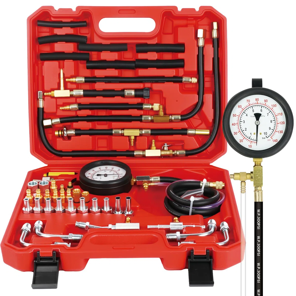 BELEY TU-443 Kit de Medidor de Presión de Inyección de Combustible del Motor, Presión Sistema de Inyección con Adaptador y 0-140PSI / 0-10Bar Gauge