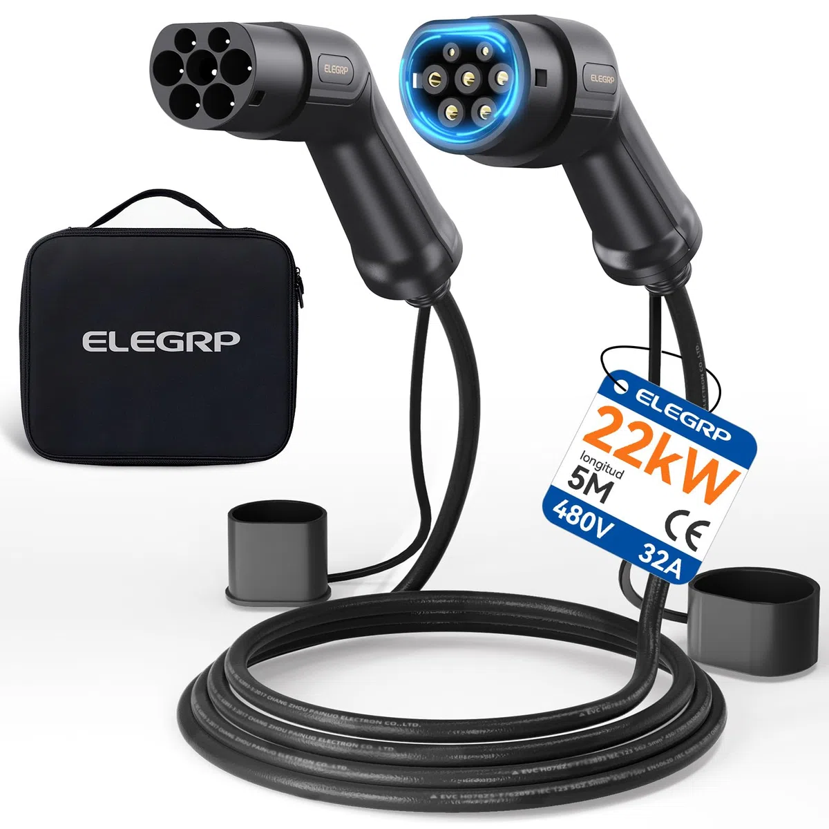ELEGRP Cable de carga tipo 2, 22kW 5M 32A 3-Fásico, Cable de carga tipo 2 a tipo 2 modo 3 para coche eléctrico EV/PHEV con bolsa de transporte, Compatible con Model S/3/X/Y, VW ID.3 ID.4 e-Golf y