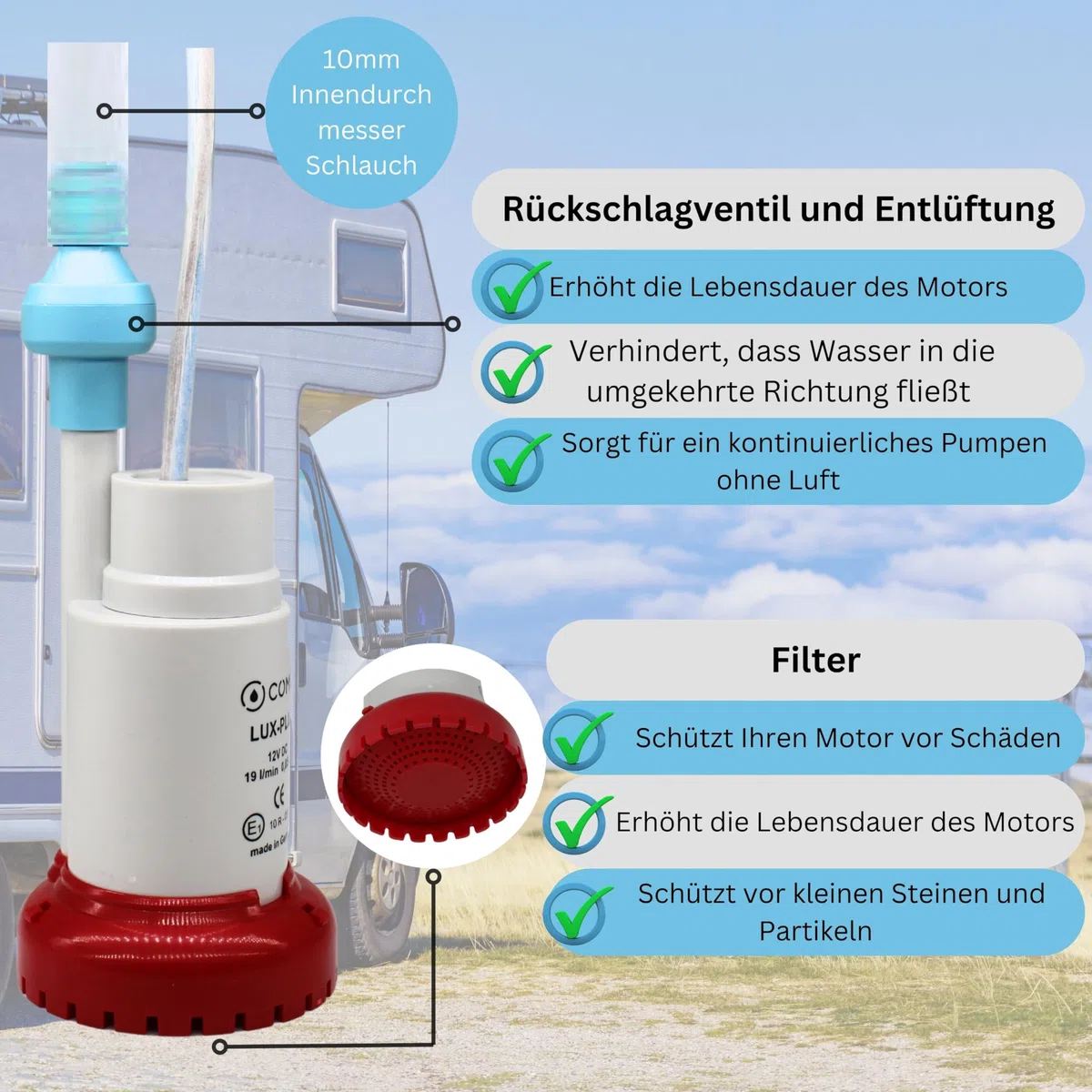 Carbest LuxPlus Bomba de agua 12V con válvula de retención y filtro Camping Ebook - 19 l/m, 0,85 bar, blanco/rojo, plástico, diseño mini bomba de transferencia
